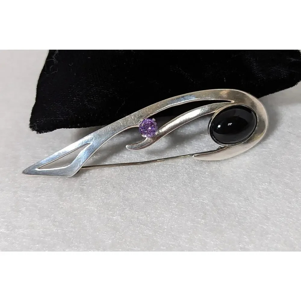 Sterling silver black onyx + amethyst Pin Handmade Large see photos measurements